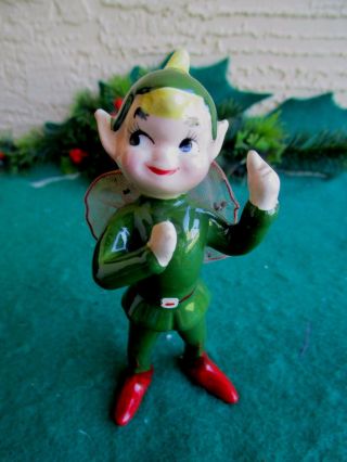Vintage Ceramic Elf/pixie Boy Fairy Pointed Ears Green Suit Red Nylon Wings