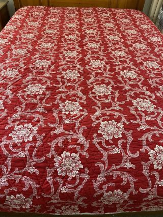 Gorgeous Hand Quilted Red & White Stylized Floral Quilt 110 " X 94 " King 505