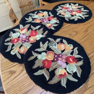 Black/ Fruited Round Chair Pads Hooked Rug Style