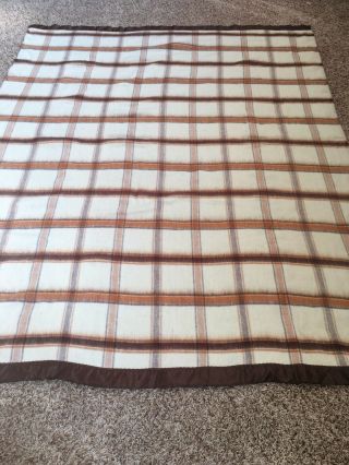 Vintage Brown Plaid Blanket Satin Like Trim 70x88