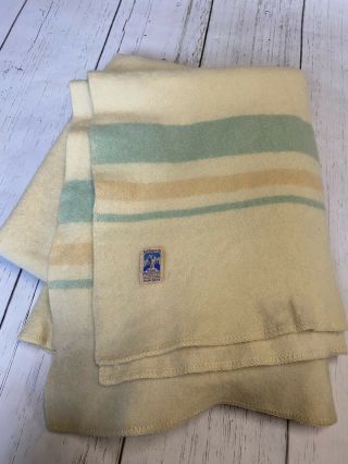Vintage Kenwood Wool Blanket Teal Peach Cream Stripe 78x66” Flawed Stained