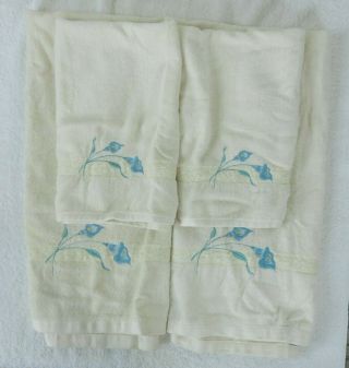 Vintage Guest Towel Bath Set Of 4 Made In Usa Beige With Blue Lily Embroidery