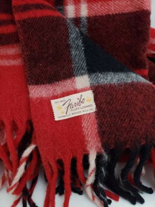 Vintage Faribo Wool Red Plaid Throw Blanket Fluff Loomed Fringe 60x52