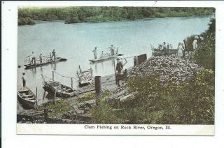 Postcard Post Card Oregon Illinois Ill Il Clam Fishing Rock River