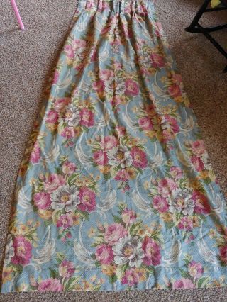 One Vintage Barkcloth Drapery Panel,  Roses/ Peonies Floral On Blue 78.  5 " Long