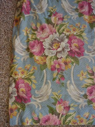 One Vintage Barkcloth Drapery Panel,  Roses/ Peonies Floral On Blue 78.  5 