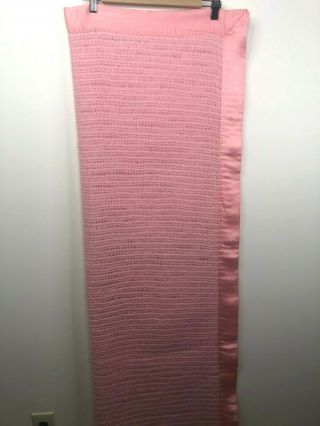Vintage Acrylic Satin Trim Baby Blanket Waffle Weave Child Crib Pink 36 " X 48 "