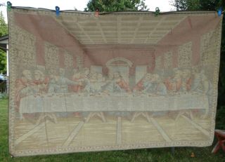 Large Vintage 1970 ' s Da Vinci Last Supper Jesus Tapestry Rug Velvet Texture 4x5 ' 2