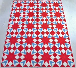Stunning Handmade Hand Stitched 7 - 8 Spi Red White & Blue Star Quilt 89½x72