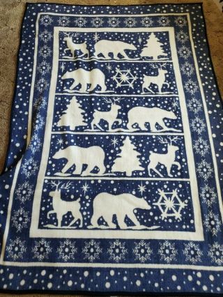 San Marcos Blanket Frazada Throw White Blue Winter Theme Bear Reindeer