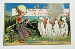 C.  1910 Halloween Greeting Antique Postcard Witch Black Cat Ghost