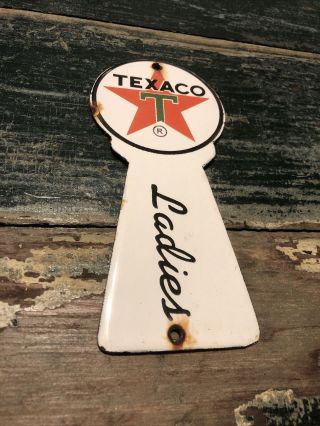 Porcelain Texaco Gas Station Ladies Restroom Sign Service Pump Oil Can Shell