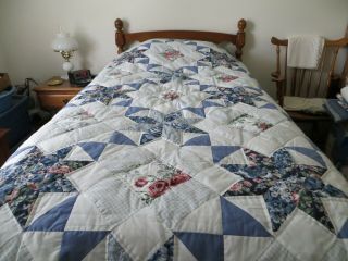 Vintage star quilt,  twin 64 x 86 Blue/Rose/ white with matching sham. 2