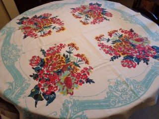 Vintage Colorful Cotton Tablecloth W/flowers 51x47 In Exc Shape