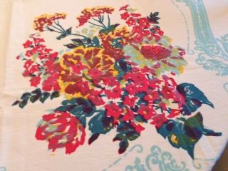VINTAGE COLORFUL COTTON TABLECLOTH W/FLOWERS 51X47 IN EXC SHAPE 2