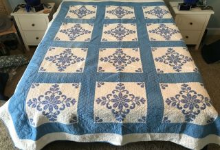 Vintage Quilt 76” X 94” Hand Made Cross Stitch Block Quilt Blue White