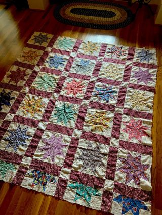 Vintage Hand Pieced 8 - Point Star Quilt Top - Cotton 78” X 68” - Colorful,  Cond