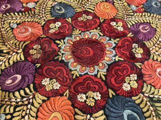 Large Vintage Matyo Hungarian Silk Embroidery Tablecloth W/ Fringe 47 " X 47 "