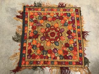 Large Vintage MATYO Hungarian SILK EMBROIDERY TABLECLOTH w/ FRINGE 47 