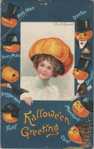 C.  1910 Embossed Halloween Postcard Ellen Clapsaddle Pumpkin Head On Woman C4
