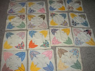 Vintage Applique Butterfly Quilt Squares - 14 " X 13 1/2 " - All Cotton (19 Pc)
