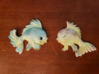 Vintage Norcrest Ceramic Wall Plaques Pink & Blue Kissing Fish And Heart Bubbles