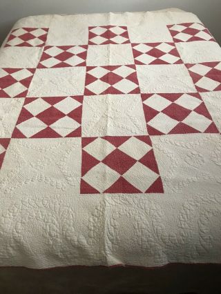 77”x77” Hand Quilted Red And White Quilt Circa 1900.  Mosaic Pattern
