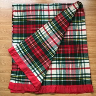 Pearce Twin/full Wool Blanket Red Green Plaid Satin Binding Vintage 1950s 72x84