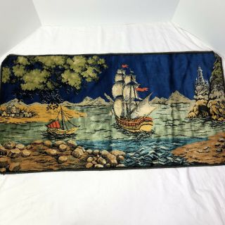 Vintage Velour Velvet Sailboat Nautical Wall Hanging Tapestry Italian Rug 40x20