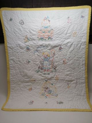 Vintage Hand Embroidered Nursery Rhyme Baby Quilt,  So Sweet