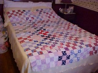 Vintage Hand Pieced Quilt Top,  Multicolored Nine Patch Design