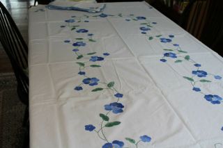 Vintage Cotton Tablecloth Oval 62x96 12 Napkins Applique Blue Flowers
