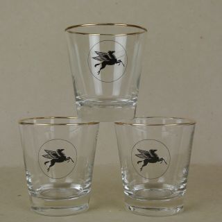 Vintage Mobil Oil Pegasus Drinking Glasses Set Of 3 Gold Rim Whiskey Glass