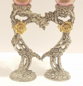 Gorgeous Fellowship Foundry Pewter Gold Heart Rose Champagne Toasting Glasses 2