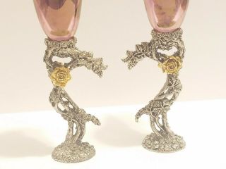 Gorgeous Fellowship Foundry Pewter Gold Heart Rose Champagne Toasting Glasses 3