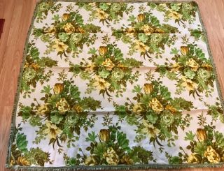 VTG Gold,  Yellow,  Green,  White - Roses Floral Tablecloth Cotton Fringe 50” Square 2