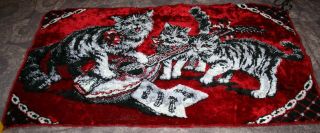 Vtg Velvet Tapestry Rug Wall Hanging 19x35 Euc Deep Red White Kittens Cat Feline