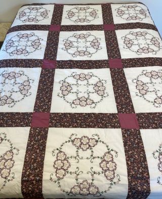 Vintage Hand Stitched Embroidered Floral Cotton Quilt Top 90 " X 69 "