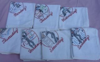 Vintage Days Of The Week Hand Embroidered Dish Towels (7) Complete Set