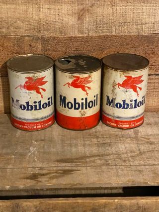 3 Vintage Mobiloil Motor Oil 1 Quart Oil Can Tin Socony Mobil Oil Pegasus