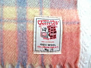 Vintage Curvon Ny 100 Wool Blanket Pink Blue Cream Plaid Fringe Hem 36 " X 25 "