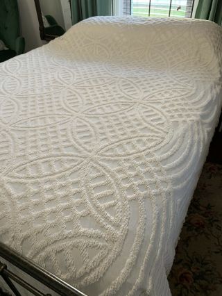 Vintage Jcpenney Home White Chenille Bedspread Full Double Queen Rings Fringe