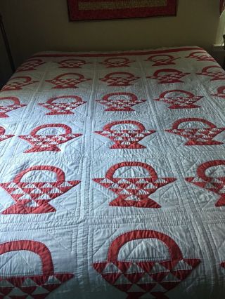 Vintage Exquisitely Hand Stitched Red And White Basket Design Quilt.  Fits Queen