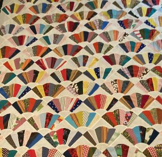 Colorful Fan Pattern 99”x 78” Quilt Top • Hand Pieced In