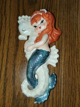 Vintage Lefton Mermaid On Seahorse Ceramic Wall Plaque Hanging