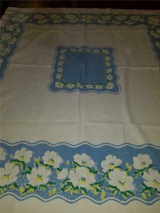 Vtg 46x52 Cotton Cottage Shabby Farmhouse Tablecloth Blue White Yellow Floral