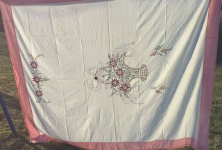 Vintage Hand Made Spring Floral Bed Cover 76 " X 90 " Pink Trim