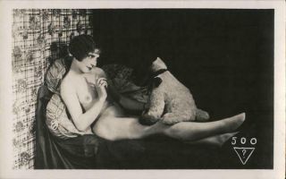 Risque/nude Rppc Nude Woman On Bed With Stuffed Dog Real Photo Post Card Vintage
