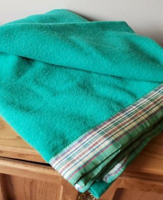 Vtg St.  Mary’s Ohio Green Wool Stripe Satin Bound Cabin Lodge Blanket Wool Full