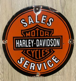 Vintage Harley - Davidson Motorcycle Sales Service 11 3/4” Porcelain Enamel Sign.